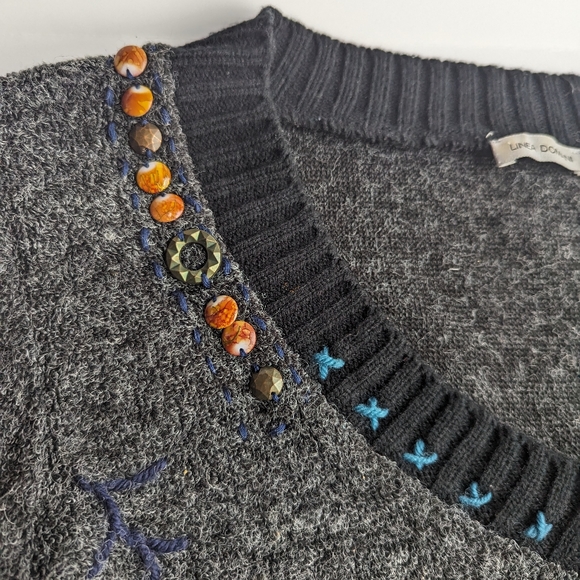 Women's Linea Domani Gray Contrast Beaded Patterned V-Neck Tunic Sweater Size L - Picture 6 of 13
